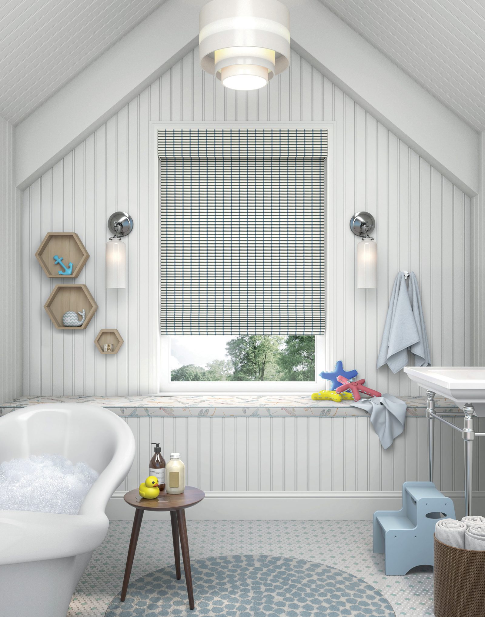 Manh Truc roman shade in a bathroom
